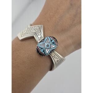RMT Carolyn Pollack Relios 925 Sterling Southwestern Inlaid Stone Cuff Bracelet